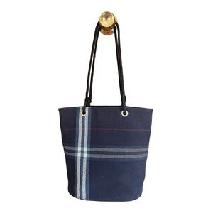 Burberry Woven Canvas Check‎ Tote Bucket Handbag Leather Straps Vintage Blue
